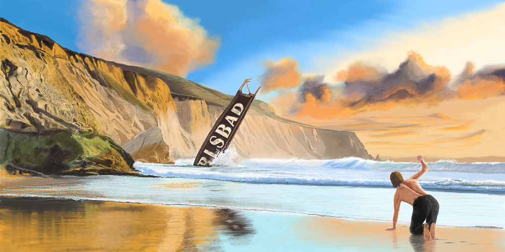 digital painting of surfer who sees carlsbad sign sticking out of beach