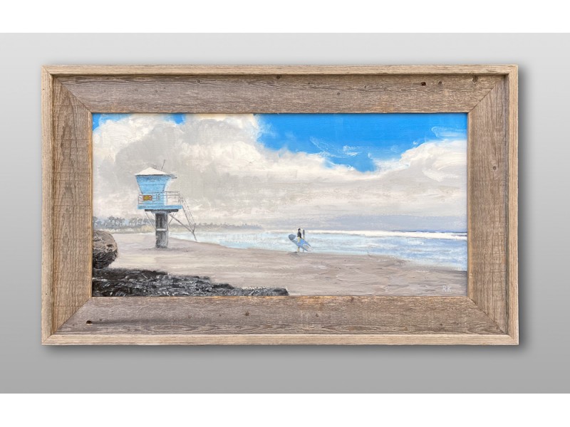 Oil painting of Paddle Boarder at lifeguard tower 16 at San Elijo State Beach in Cardiff-by-the-Sea, California