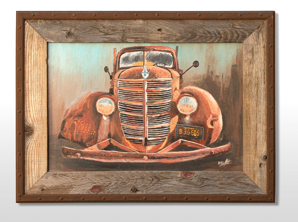 1939 international truck oil painting with faux rusty metal frame