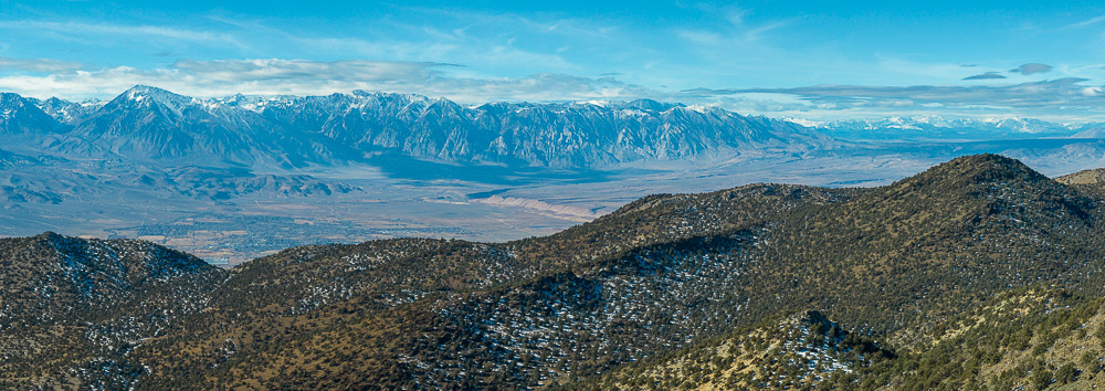 panoramic view of bishop in owens valley from bristlecone pine forest