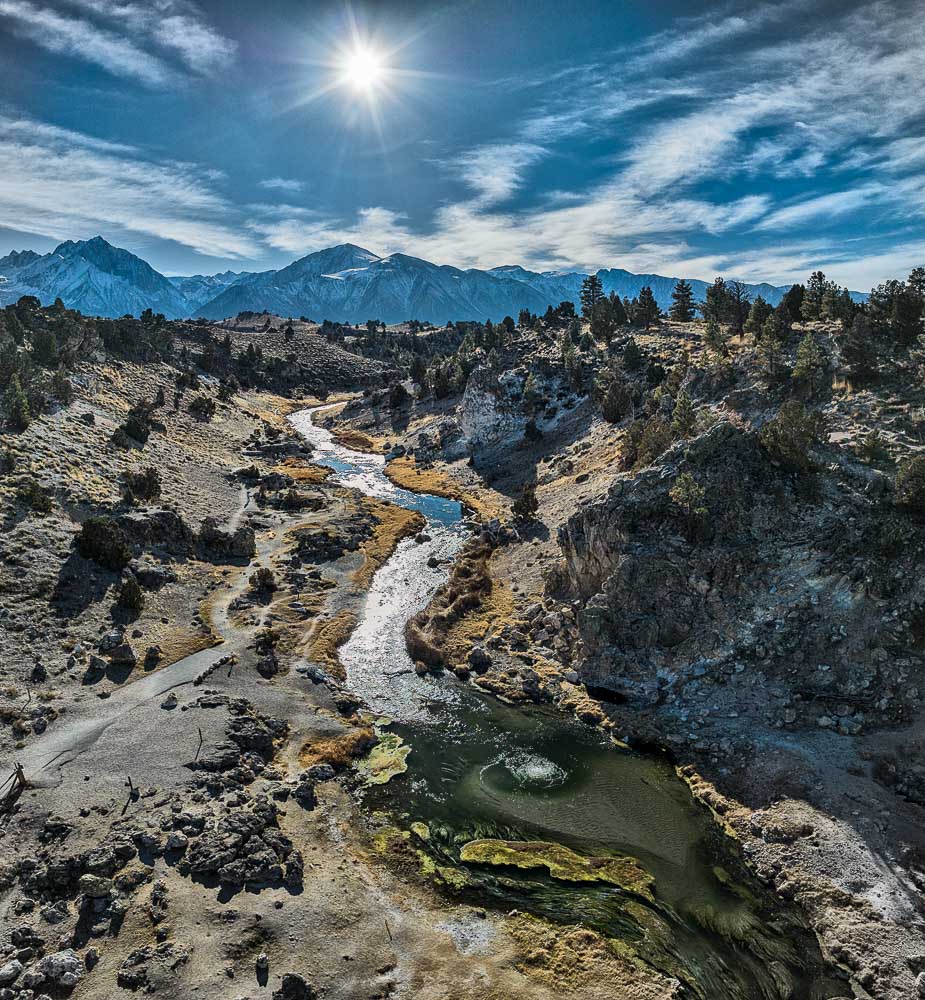 view towards eastern sierra range above hot creek mammoth lakes california
