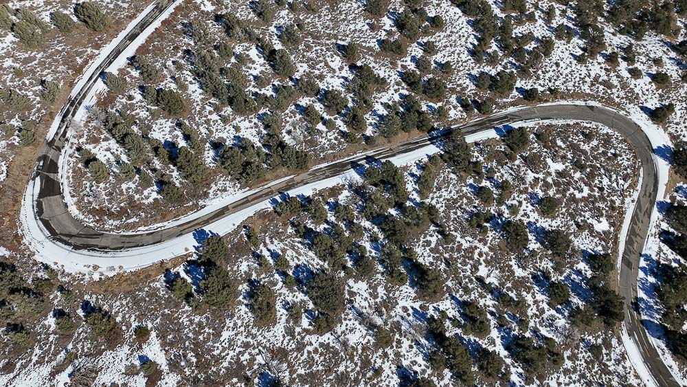 winding road from above at bristlecone pine forest